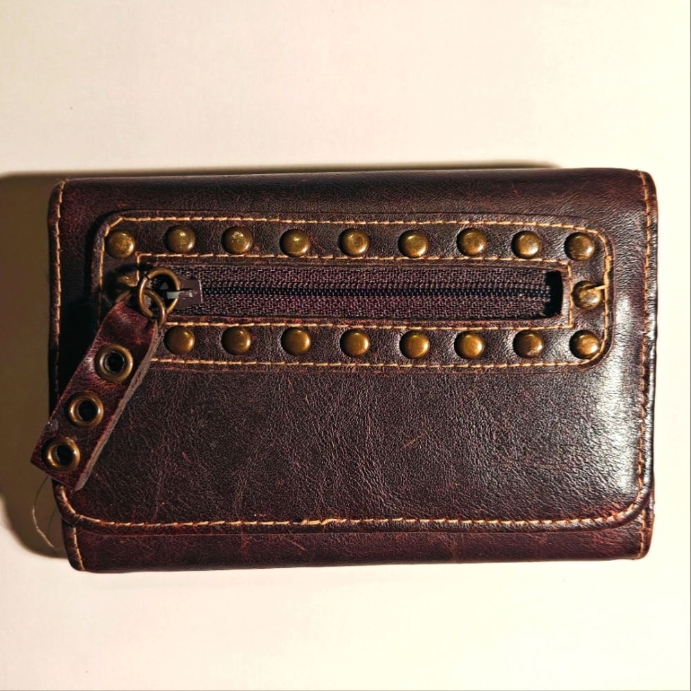 RGA Brown Leather Studded Wallet with Pull Out Sleeve 4x5
